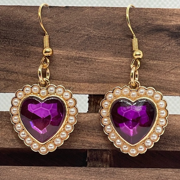 Purple and gold heart earrings with pearl handmade artist made Mothers Day gift - Picture 3 of 8